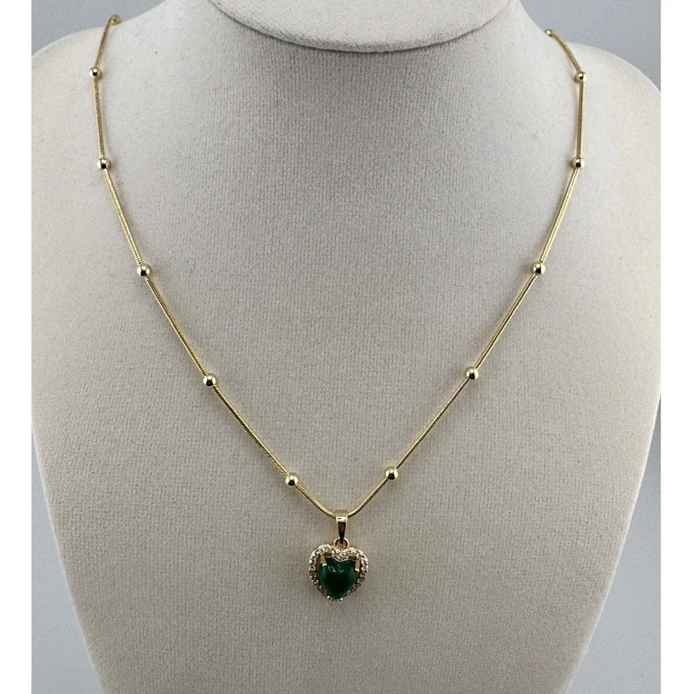 14K Gold Plated Heart Green Stone Halo‎ Pendant Necklace Snake Chain with Beads